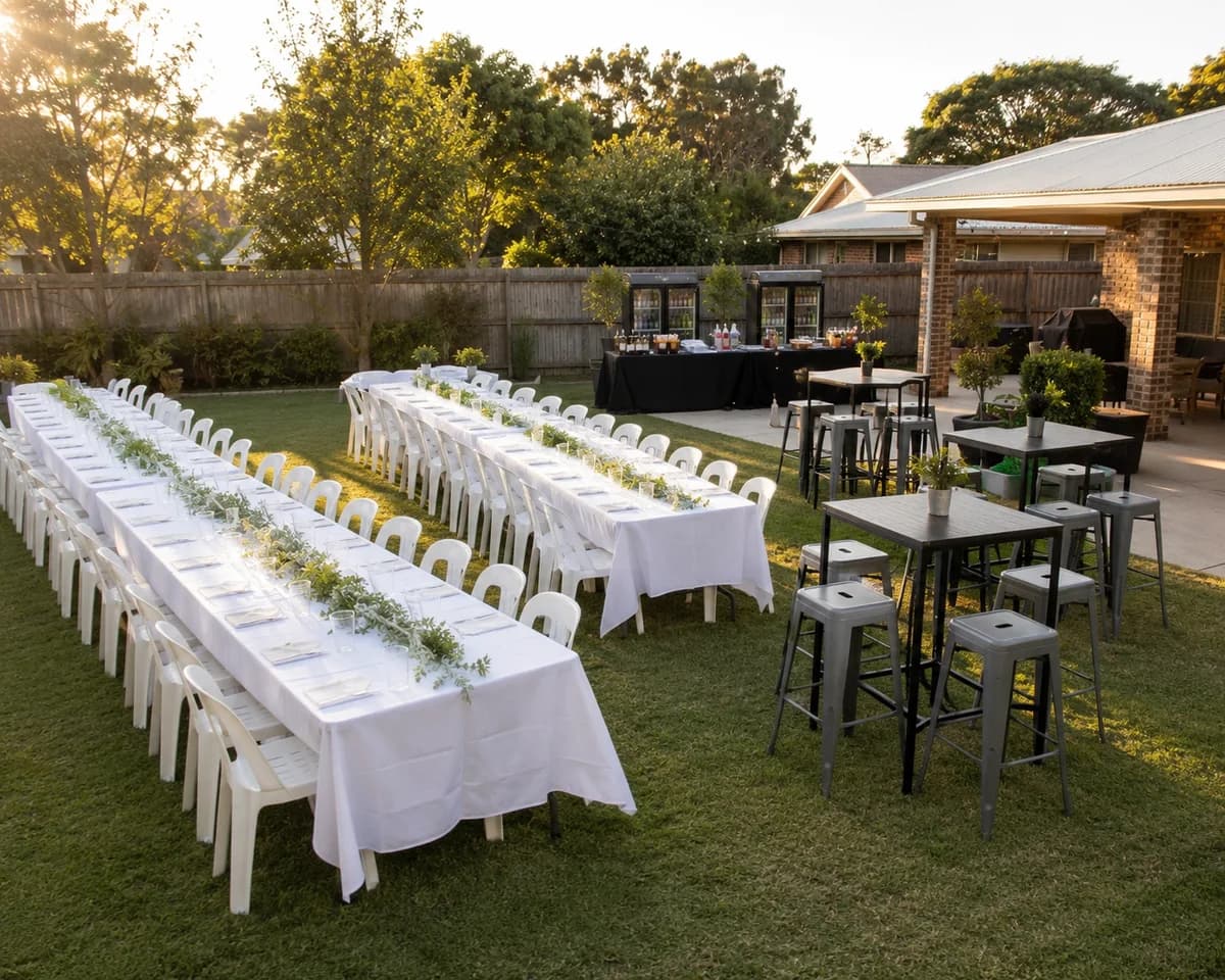 Backyard party furniture setup with long tables and chairs