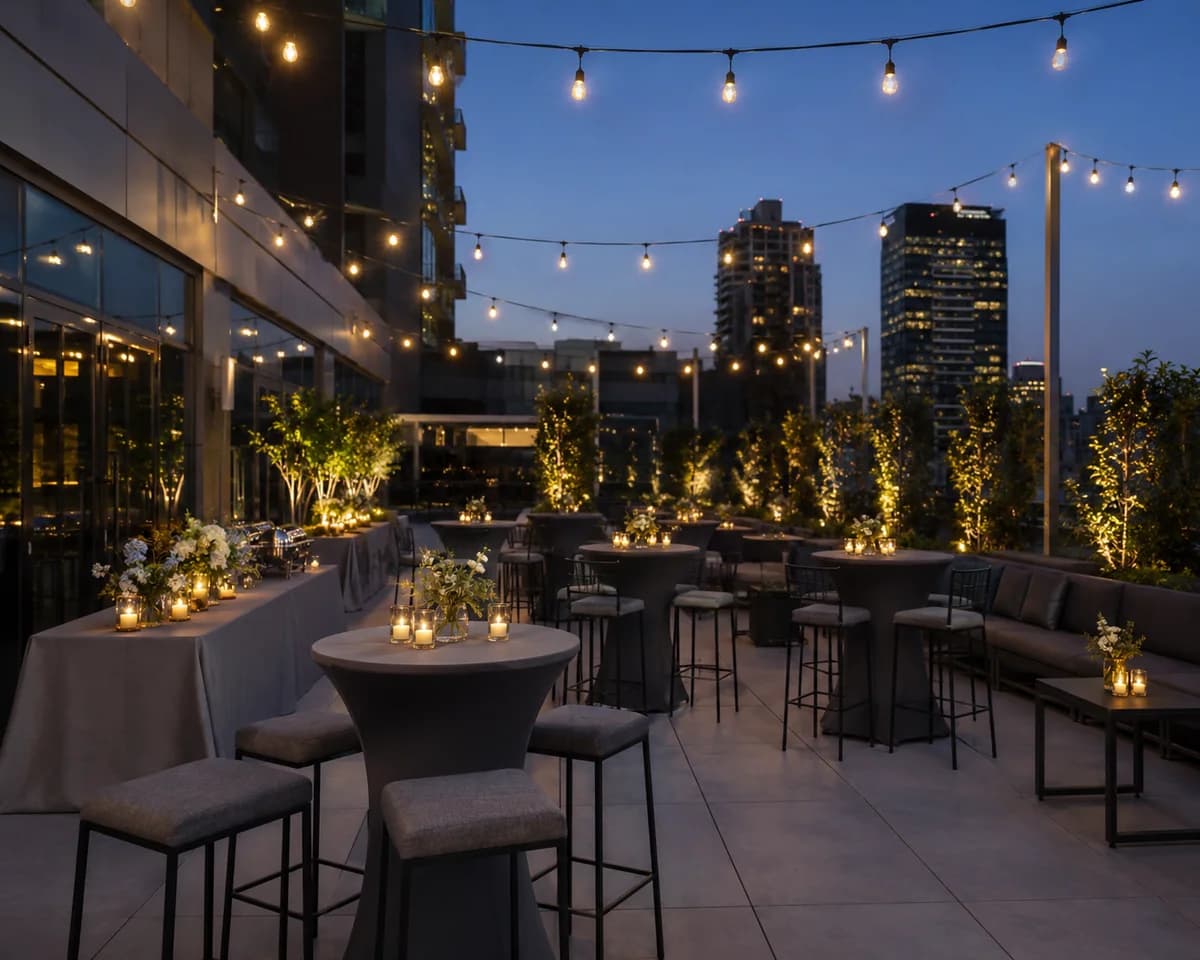 Corporate event furniture setup with bar tables and stools