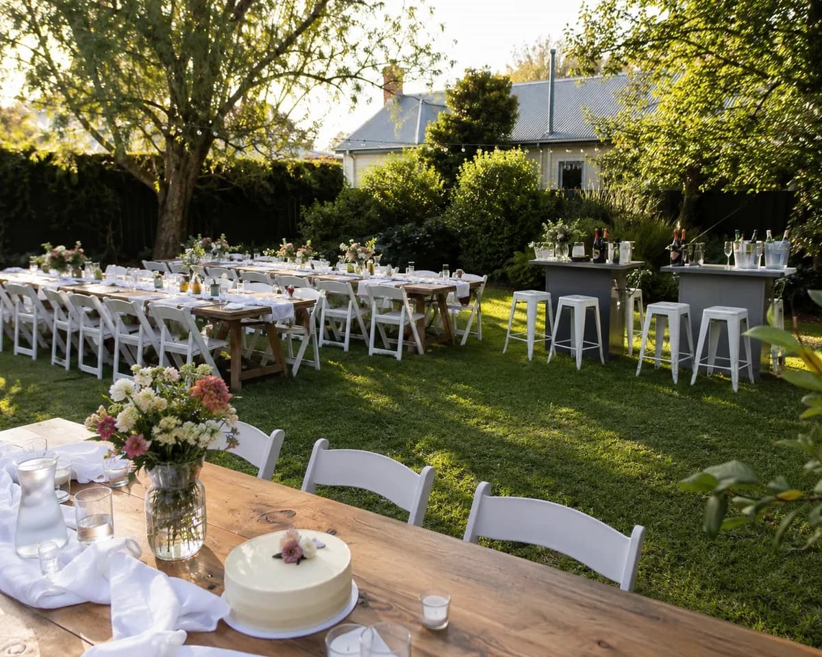 Garden birthday setup with white chairs and styled tables
