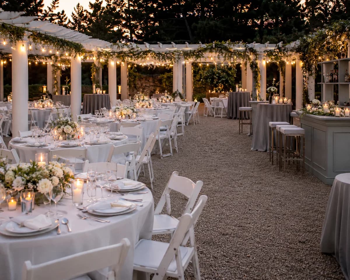 Wedding dining setup with round tables, white chairs and a bar area